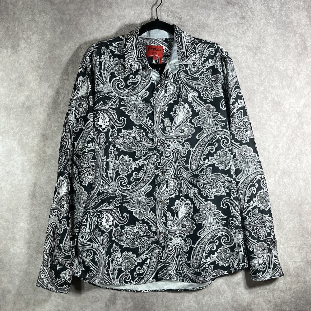 Patron Cito Red Label Shirt‎ Mens Large Black White Paisley Pattern Button Down